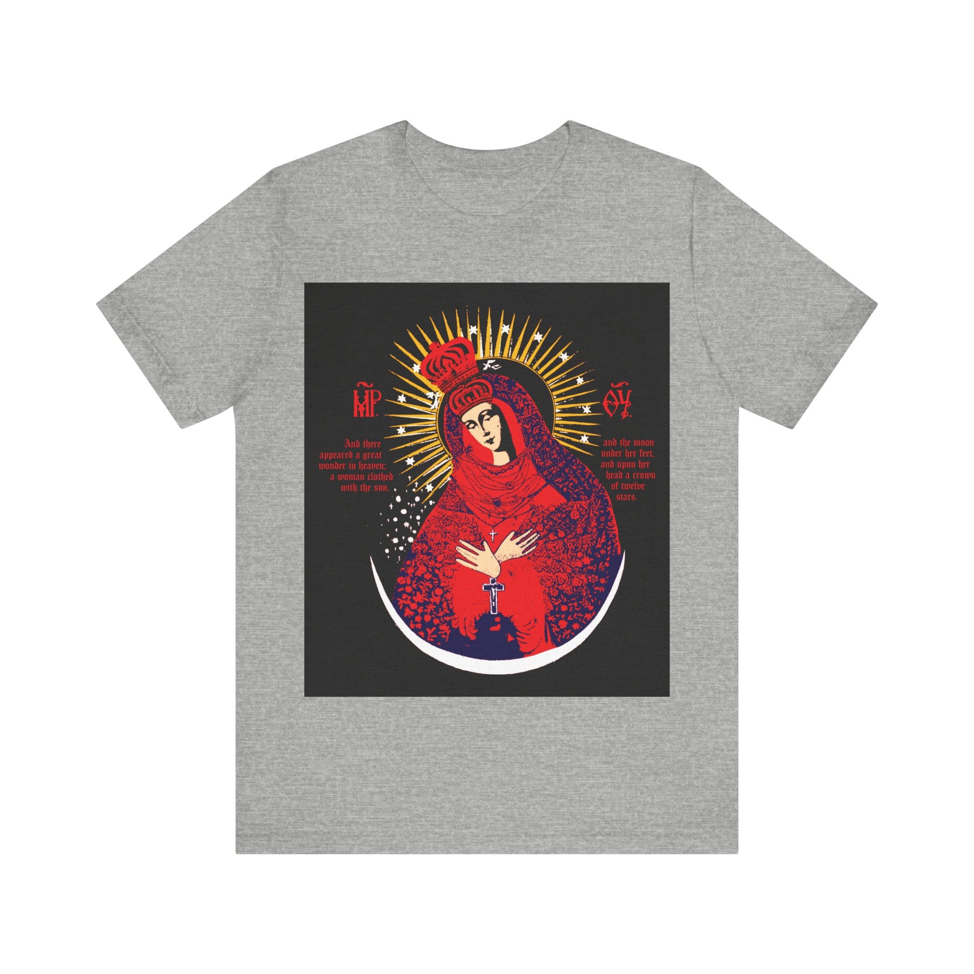 Athletic Heather cotton t-shirt featuring the "Our Lady the Gate of Dawn Icono-Graphic" in red, blue, and gold with a radiant halo and Byzantine-style text. Orthodox design inspired by the crowned Theotokos, Woman of the Apocalypse.