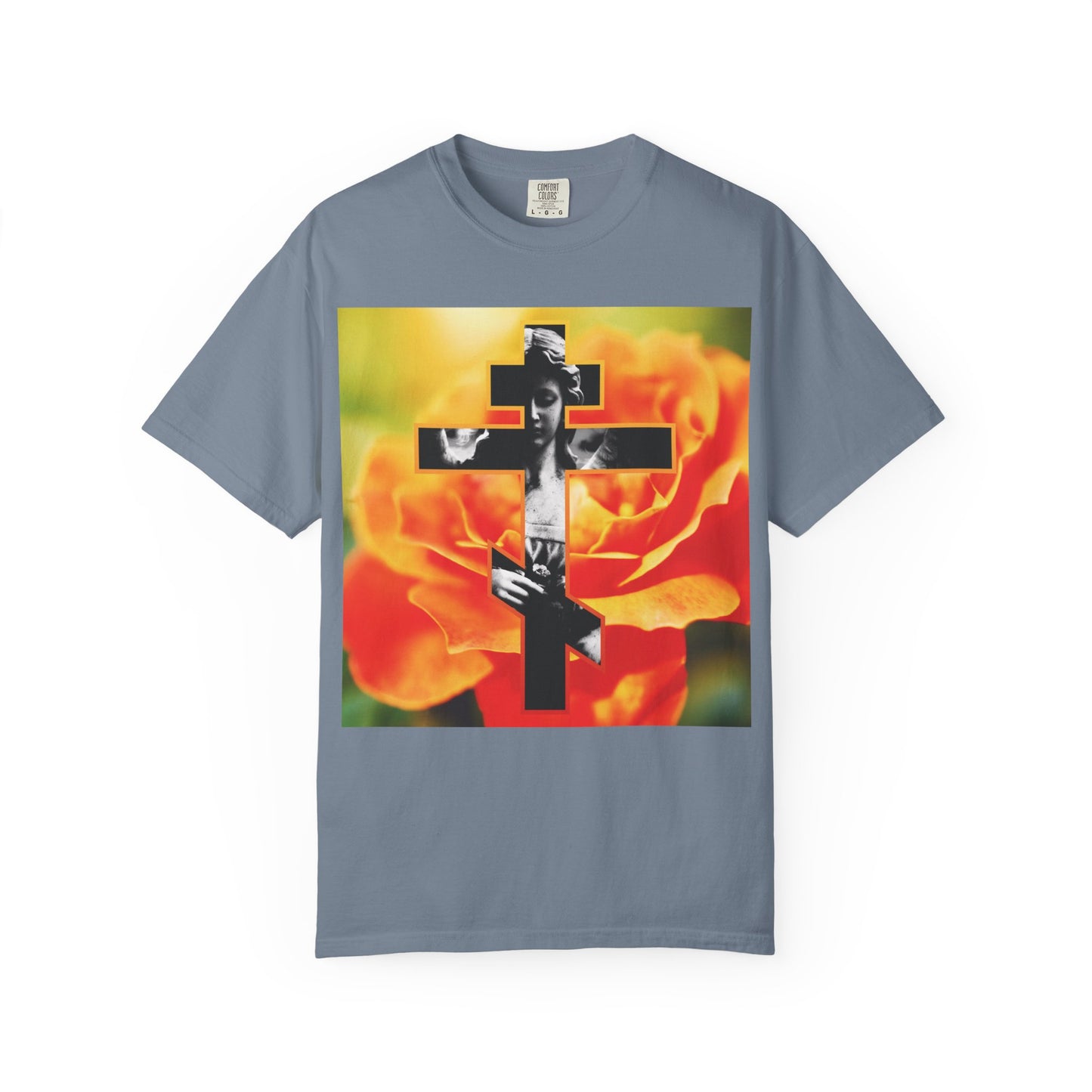 Blue Jean heavyweight cotton unisex tee featuring an Orthodox Christian “Cemetery Statue Angel Cross on Orange Rose” graphic, inspired by the theme “Remember You Will Die” (Memento Mori), referencing the teachings of St Paul.