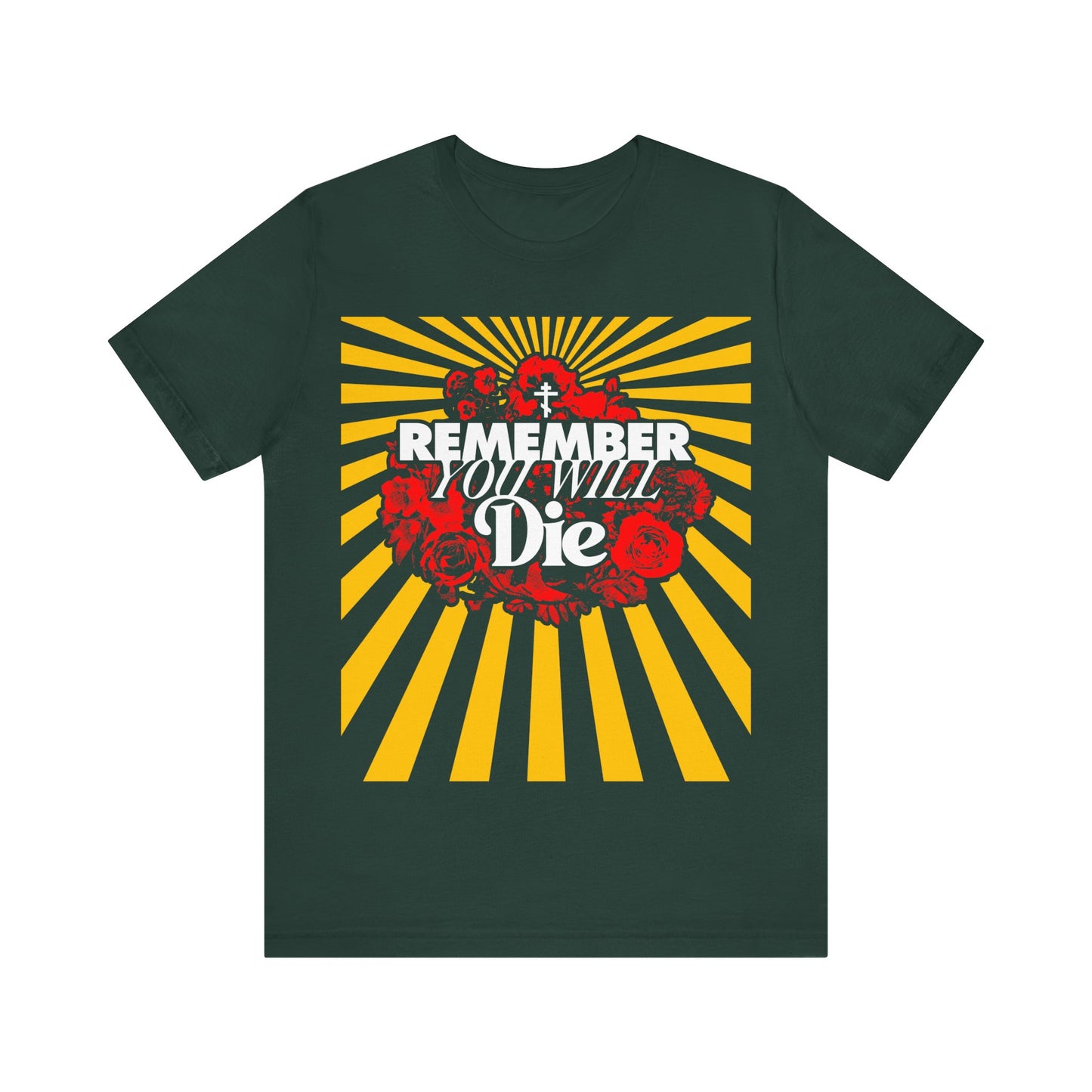 Remember You Will Die Red & Yellow Pop Art Design | Orthodox Cross | Memento Mori | Roses & Rays | Christian Lightweight Cotton Unisex Tee