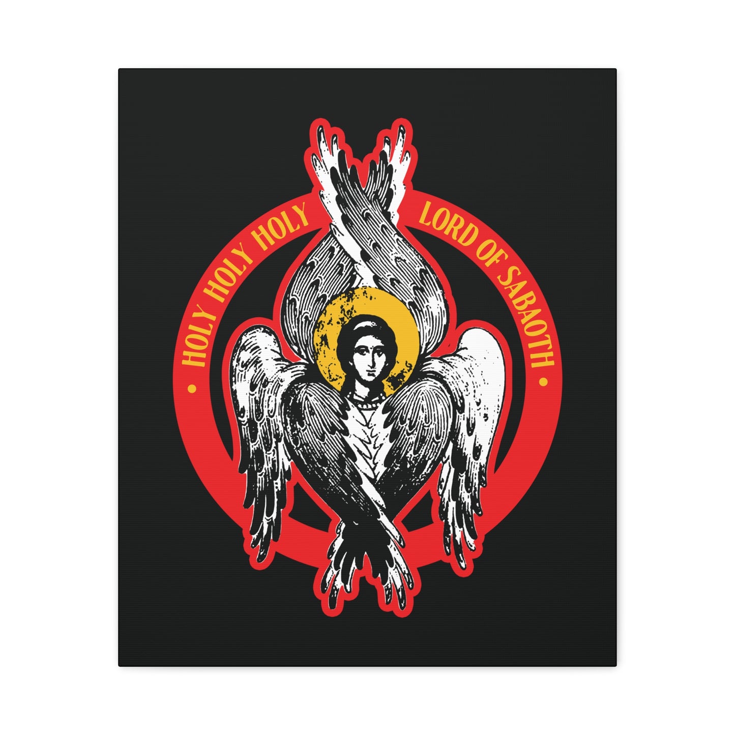 Illustration of a six-winged seraphim, inspired by Isaiah 6, with "HOLY HOLY HOLY LORD OF SABAOTH" text. Christian wall art: Holy Holy Holy, Lord of Sabaoth | Isaiah 6 | Orthodox Seraphim Angel IconoGraphic.