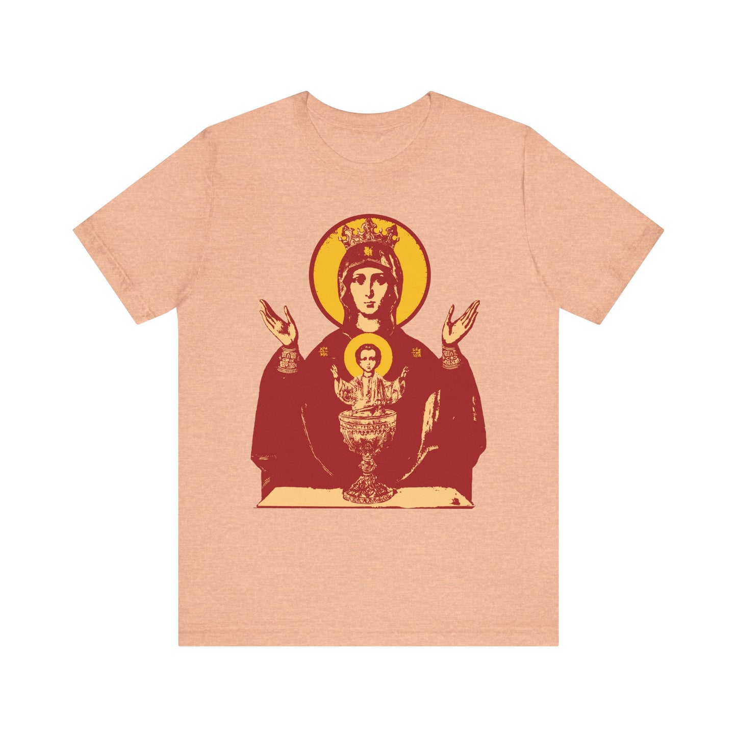 Heather Peach unisex lightweight cotton t-shirt featuring a red and yellow illustrated Holy Theotokos IconoGraphic of the Inexhaustible Chalice with Jesus at the center—Deliverer from Addictions and Conqueror of Passions.