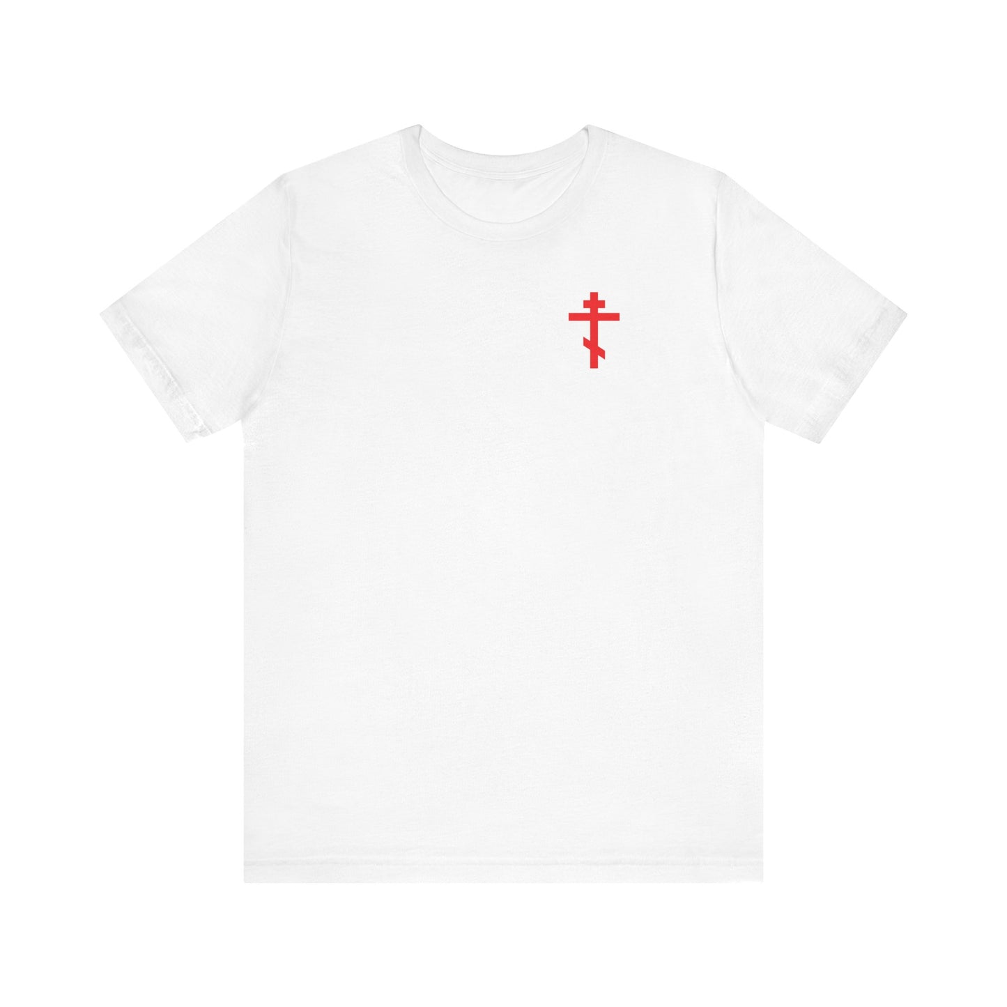 White unisex cotton tee featuring a red cross on the front left chest and "Always Live In Remembrance of Death Crown of Thorns" design on the back, inspired by St John Climacus. Color: White.