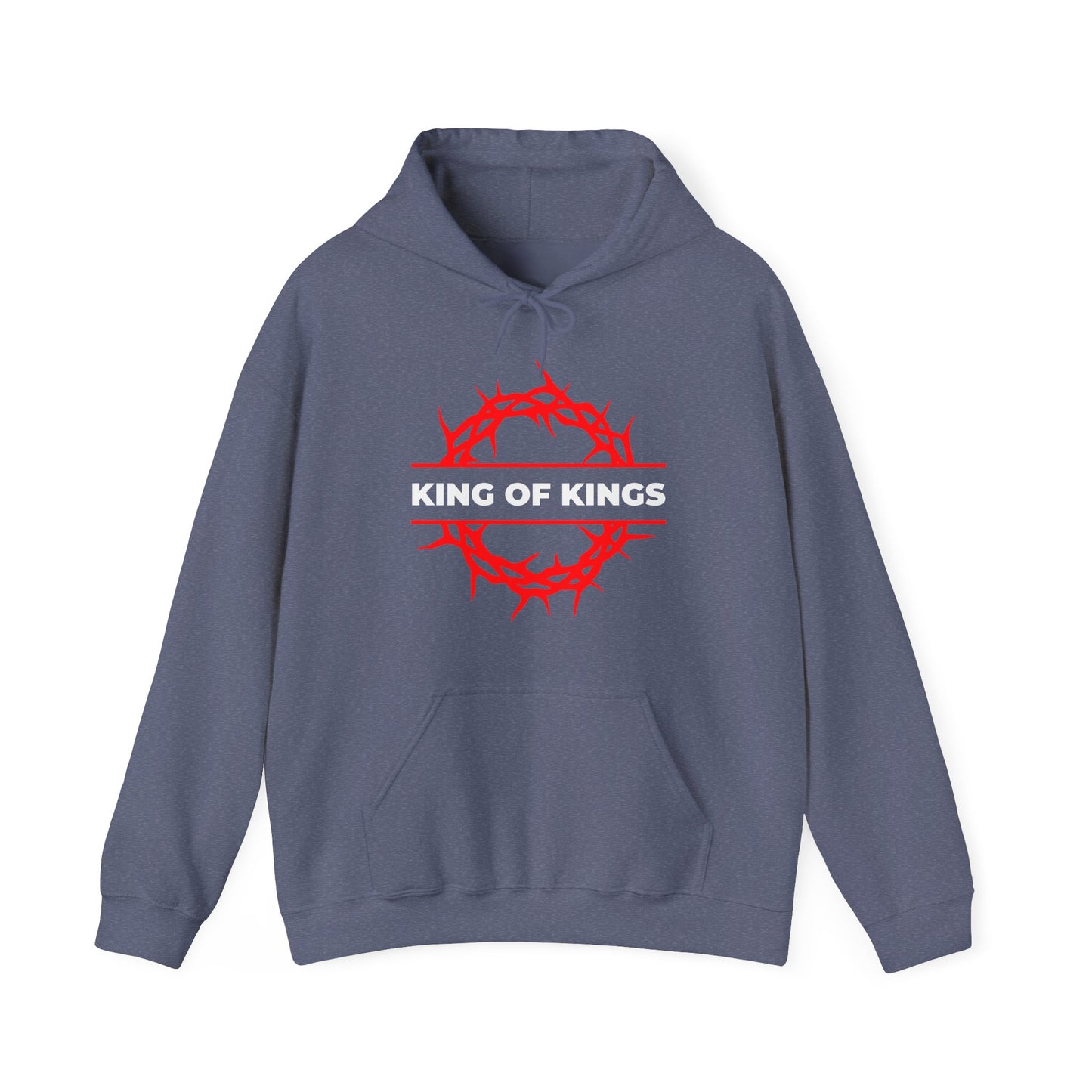 Heather navy hoodie featuring a red crown of thorns and “KING OF KINGS” text on the chest, inspired by Revelation 19:16. King of Kings Crown of Thorns | The King of Glory | Christ is King | Orthodox Christian Hoodie.