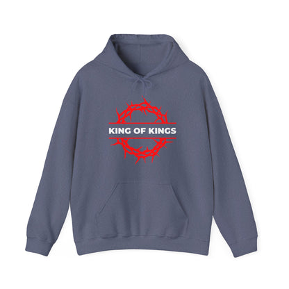 Heather navy hoodie featuring a red crown of thorns and “KING OF KINGS” text on the chest, inspired by Revelation 19:16. King of Kings Crown of Thorns | The King of Glory | Christ is King | Orthodox Christian Hoodie.