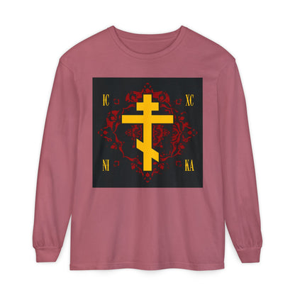 Crimson long sleeve shirt featuring a yellow ICXC NIKA Russian Cross on an ornate red background, inspired by Jesus Christ Conquers and Orthodox Christian tradition.