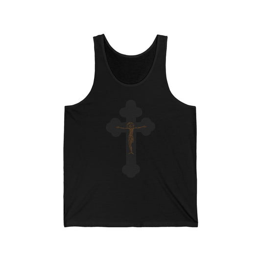 Black & Bronze Orthodox Crucifix Icono-Graphic | Minimalist Christian Graphic Design | I Am Crucified with Christ | Orthodox Christian Cotton Tank Top