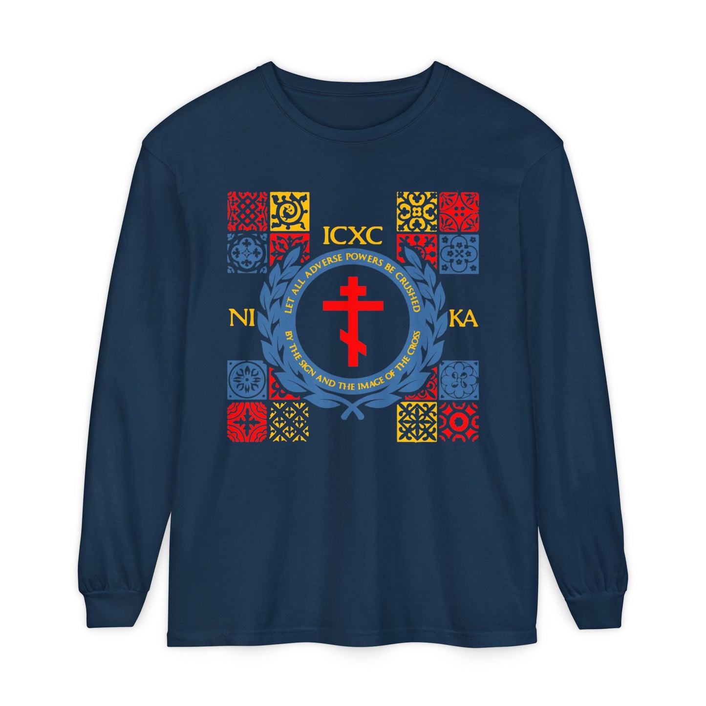 Let All Adverse Powers Be Crushed (Red, Yellow & Blue Design) | ICXC NIKA | Medieval Tile Design | Orthodox Christian Long Sleeve Shirt