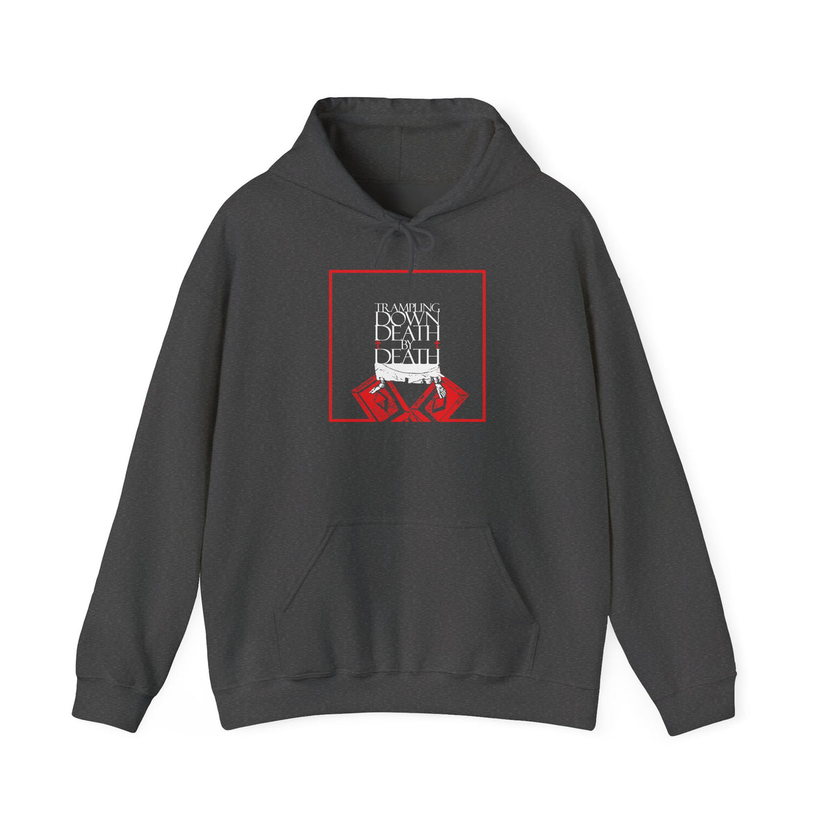 Dark gray Trampling Down Death By Death hoodie featuring Jesus’s feet on the gates of Hades.