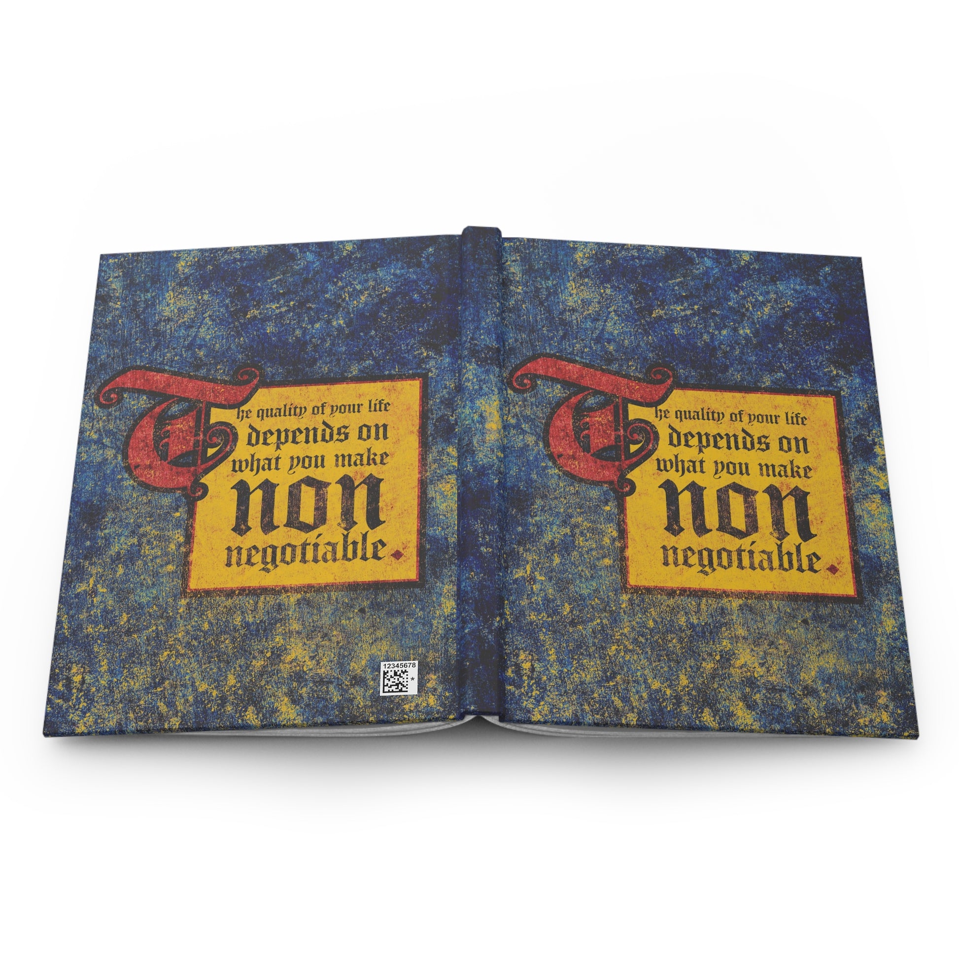 An open book displays: The Quality of Your Life Depends on What You Make Non-Negotiable, the cover of an Orthodox Christian motivational blank journal from the Uncompromising Christianity collection.