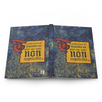 An open book displays: The Quality of Your Life Depends on What You Make Non-Negotiable, the cover of an Orthodox Christian motivational blank journal from the Uncompromising Christianity collection.