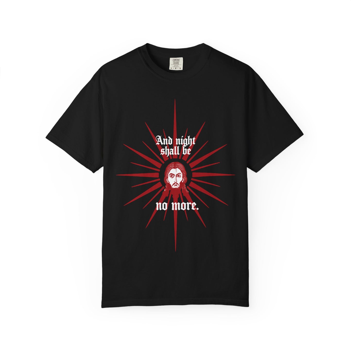 And Night Shall Be No More (Rev 22:5) | Red & White Design | Face of Jesus Christ Icono-Graphic | Orthodox Heavyweight Cotton Unisex Tee