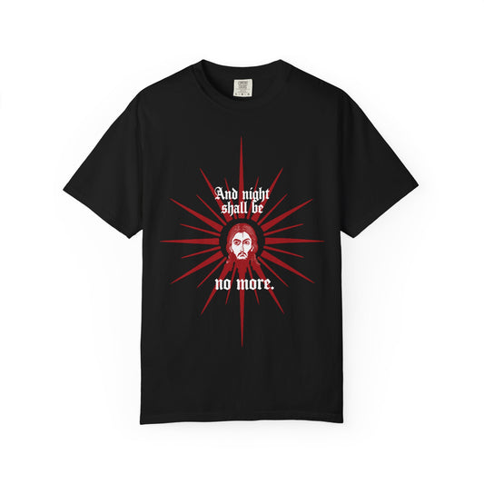 Introducing the "And Night Shall Be No More (Rev 22:5)" heavyweight cotton unisex tee—a black shirt featuring a bold red starburst, a striking face of Jesus Christ in an iconographic style, and the text “And night shall be no more.” This Orthodox-inspired design in red and white draws from Revelation 22:5, symbolizing the promise of everlasting light.