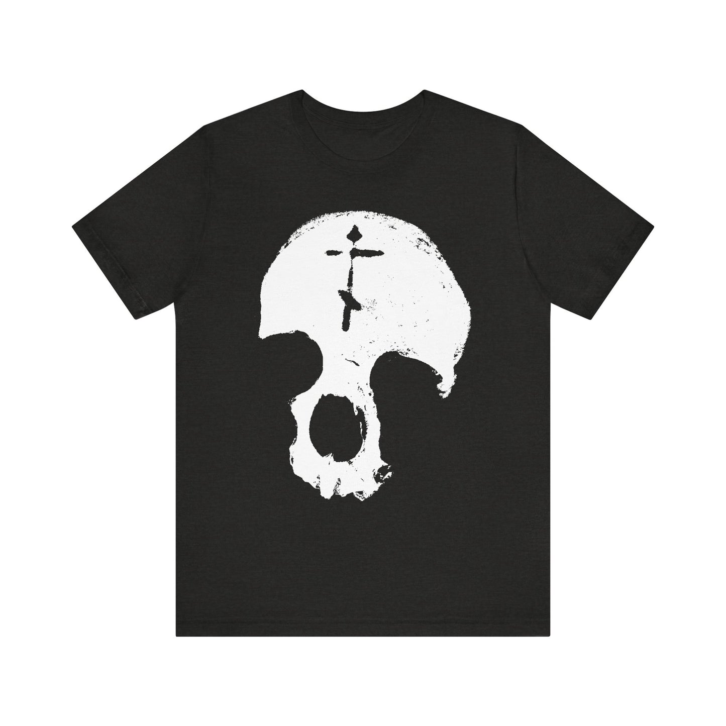 Black Heather "Skull With Orthodox Cross | Gothic Christian | All is Vanity | Remember You Will Die | Memento Mori" lightweight cotton unisex tee, featuring a bold white skull graphic with a vertical crack down the forehead—a striking reflection on the fleeting nature of human glory inspired by St. Ignatius Brianchaninov.