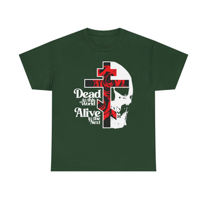 Forest Green “Dead to this World” heavy cotton t-shirt with cross, red rose, skull, and 70s typography—a bestselling Orthodox Christian design inspired by the Ladder of Divine Ascent and renunciation of the world.