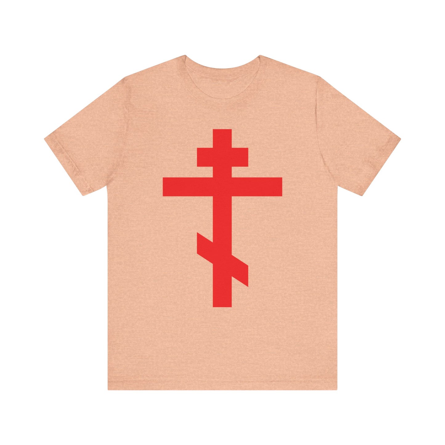 Heather Peach unisex T-shirt with a bold red Orthodox cross on the front, featuring “Preserve Thy People By Thy Cross, O Lord”; inspired by St. John of Kronstadt and the Troparion of the Cross. Lightweight cotton.