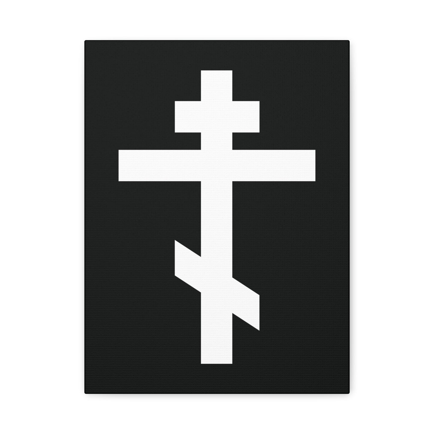 The White Orthodox Cross canvas art features a striking white cross on a black background and includes the verse: "May I never boast, except in the cross of our Lord Jesus Christ" (Gal 6:14).