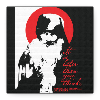 Remembrance of Death canvas wall art features a high-contrast black-and-white image of Fr Seraphim Rose, set in a red circle, with the memento mori quote: “It is later than you think.” Modern Orthodox Christian décor.