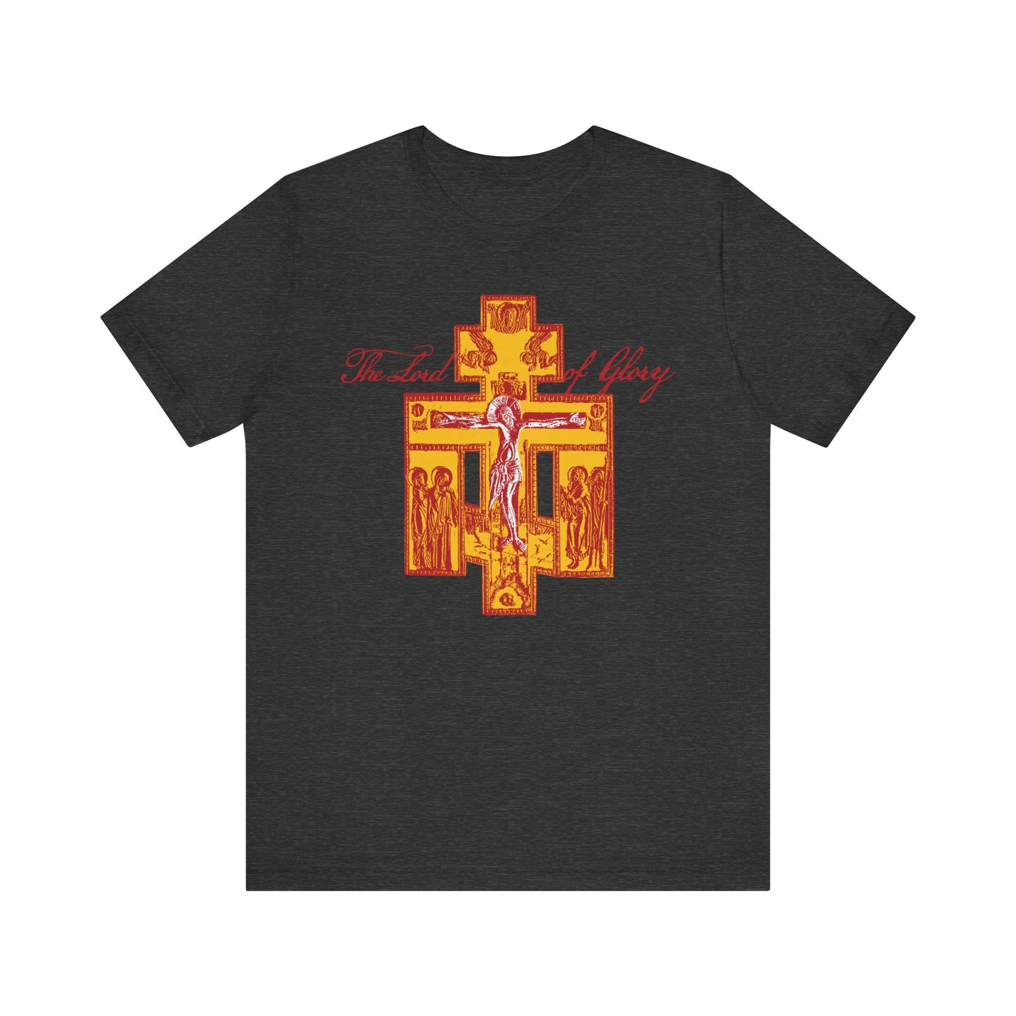Dark Grey Heather unisex lightweight cotton tee featuring a yellow and red Russian Golgotha Crucifix IconoGraphic with “The Lord of Glory” in red above the design, inspired by 1 Corinthians 2:8.
