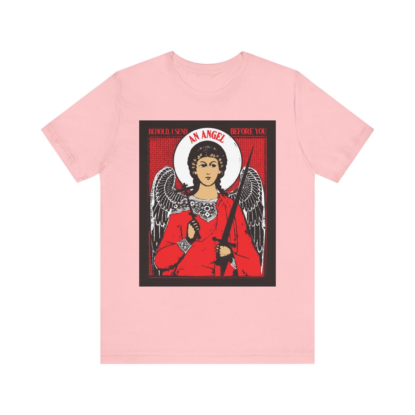 Pink unisex tee features a guardian angel with cross and sword, inspired by Exodus 23:20. Lightweight cotton. "Behold I Send an Angel Before You" text. Orthodox iconographic design.