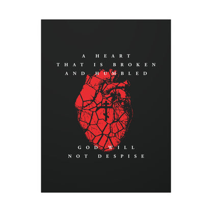 A Heart That is Broken and Humbled God Will Not Despise | Cracked heart with Orthodox Cross on black, inspired by Psalm 51’s prayer of repentance—Christian canvas art.