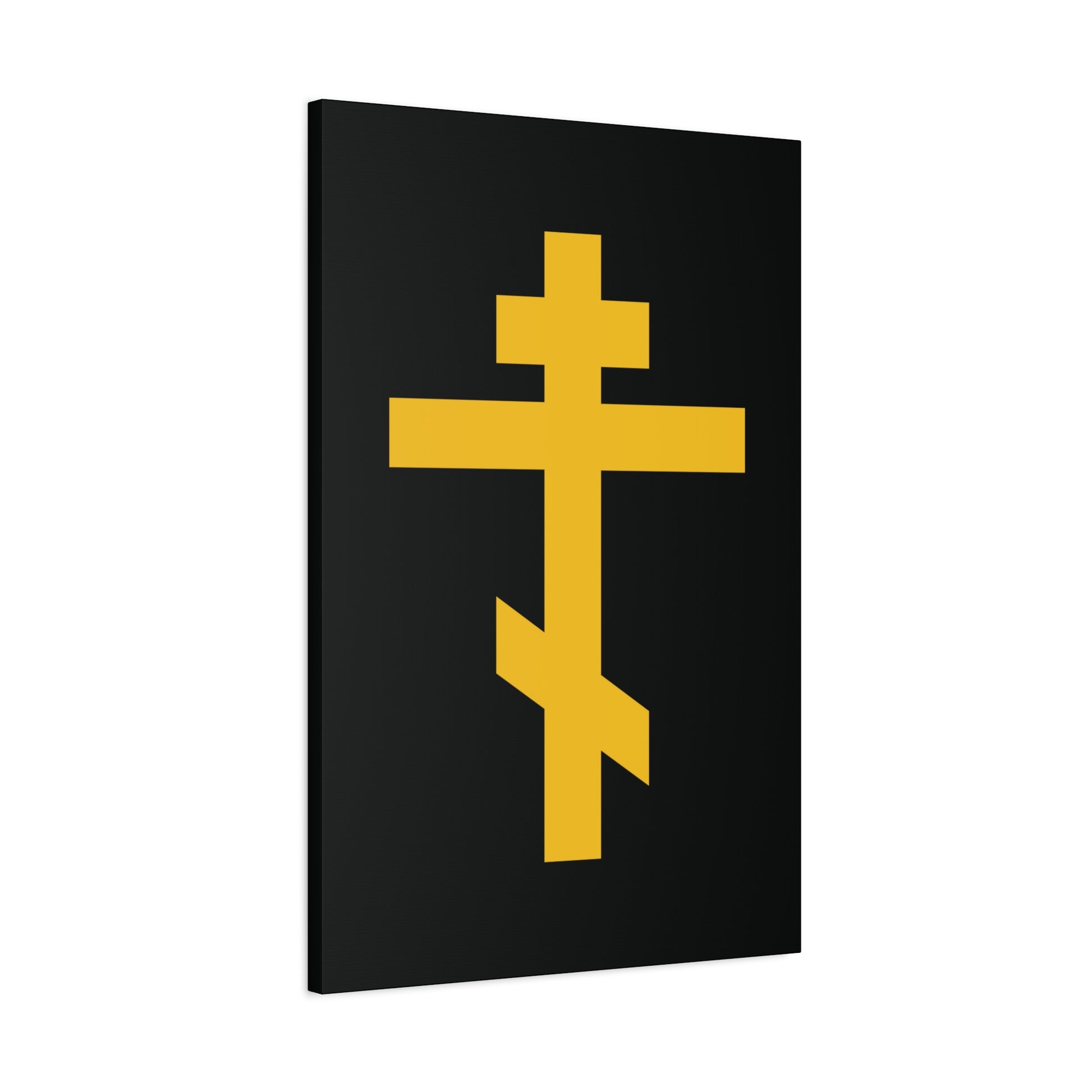 A yellow Orthodox cross on black symbolizes the Precious and Life-Giving Weapon of Unseen Warfare—Scourge of Demons. Shop the "Yellow Orthodox Cross Black Background" Orthodox Canvas Art.