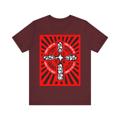 Red ICXC NIKA Enniskillen Celtic Cross | Lorica of St. Patrick | Shield Prayer | Orthodox Christian Cotton T-Shirt