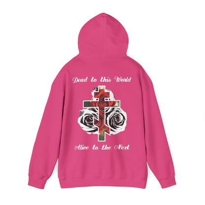 Dead to This World Alive to the Next Orthodox Cross & Gothic Rose BACK PRINT w/ Embroidered White Cross on Front Left Breast | Christian Hoodie