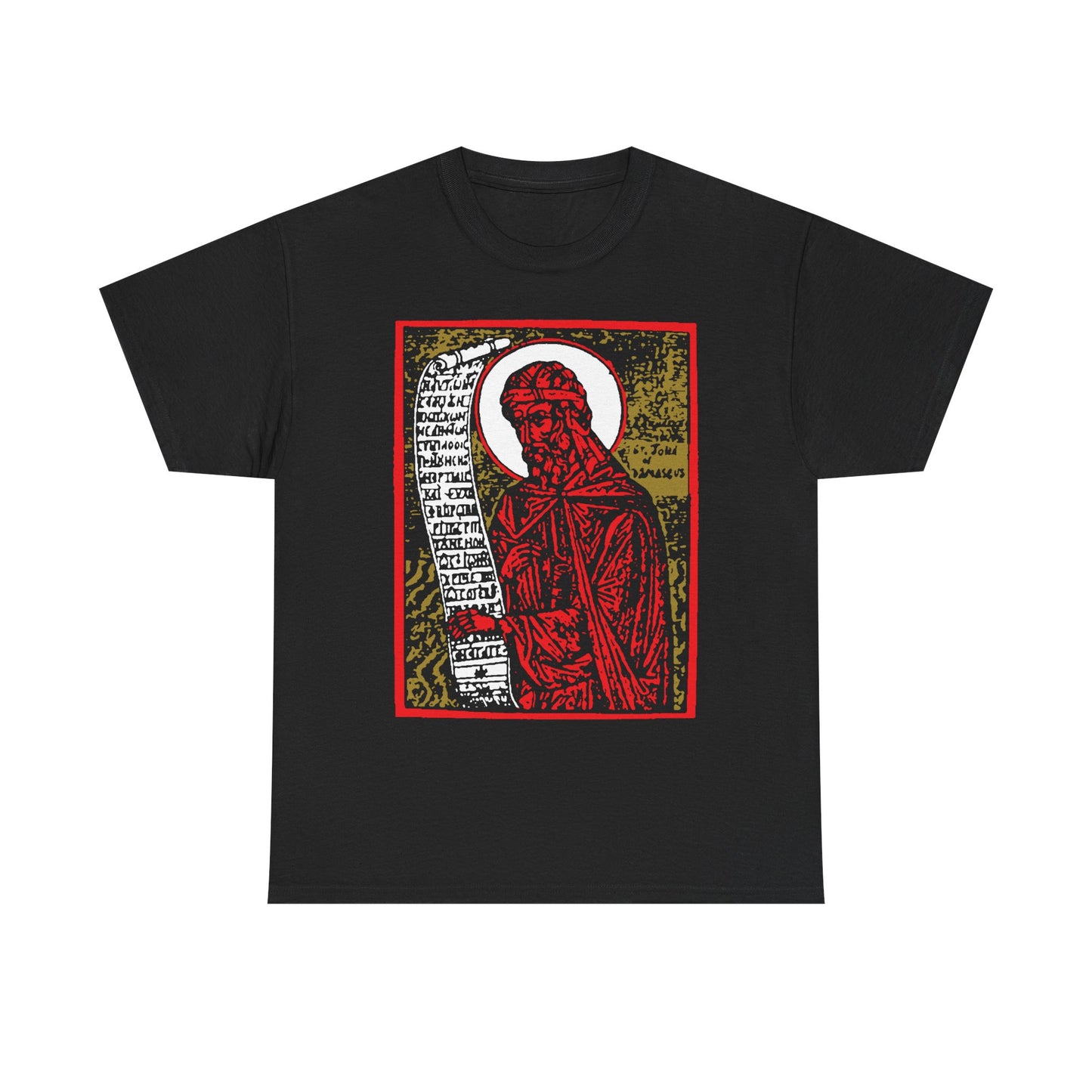 St. John of Damascus Icono-Graphic | Orthodox Christian Saint | Red Gold & Black High Contrast Design | Midweight Cotton Unisex Tee