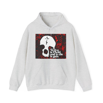 To Live is Christ To Die is Gain (Phil 1:21) | Skull with Cross on Red Floral Texture | Orthodox Christian Hoodie / Hooded Sweatshirt