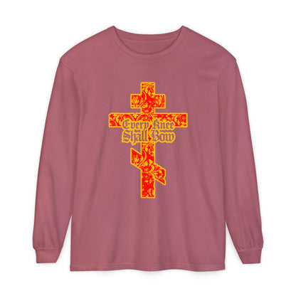 The Every Knee Shall Bow long sleeve features a gold and red floral Orthodox cross with gothic lettering, referencing Isaiah 45:22-24 and Phil 2:7-11, celebrating Christ's righteousness.