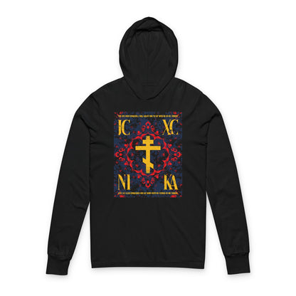IC XC NIKA Orthodox Cross | Medieval Floral Design | The One Who Conquers (Revelation 3:21) | Orthodox Long Sleeve Hooded Shirt