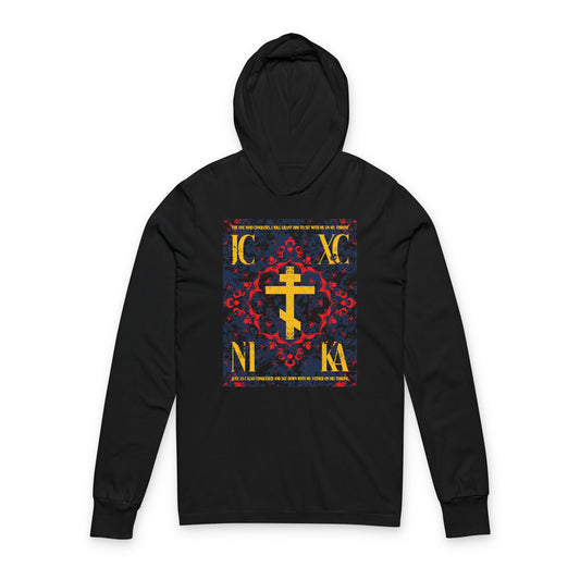 IC XC NIKA Orthodox Cross | Medieval Floral Design | The One Who Conquers (Revelation 3:21) | Orthodox Long Sleeve Hooded Shirt