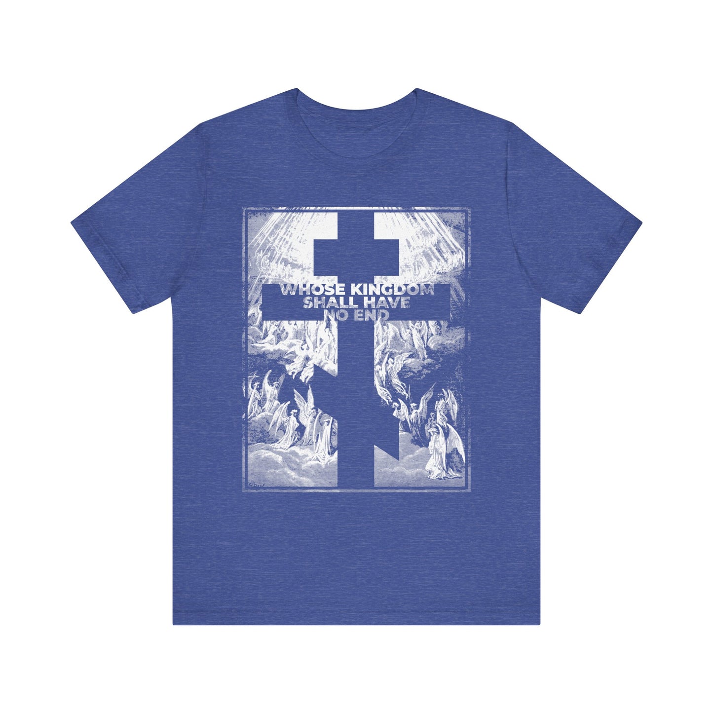 Whose Kingdom Shall Have No End | Nicene Creed / Symbol of Faith | Apocalypse | Revelation | Gustave Dore Lightweight Cotton Unisex T-Shirt—features a blue design with a cross, religious art, and the phrase "Whose kingdom shall have no end" in white text, making a powerful statement of Christian belief inspired by the Nicene Creed.