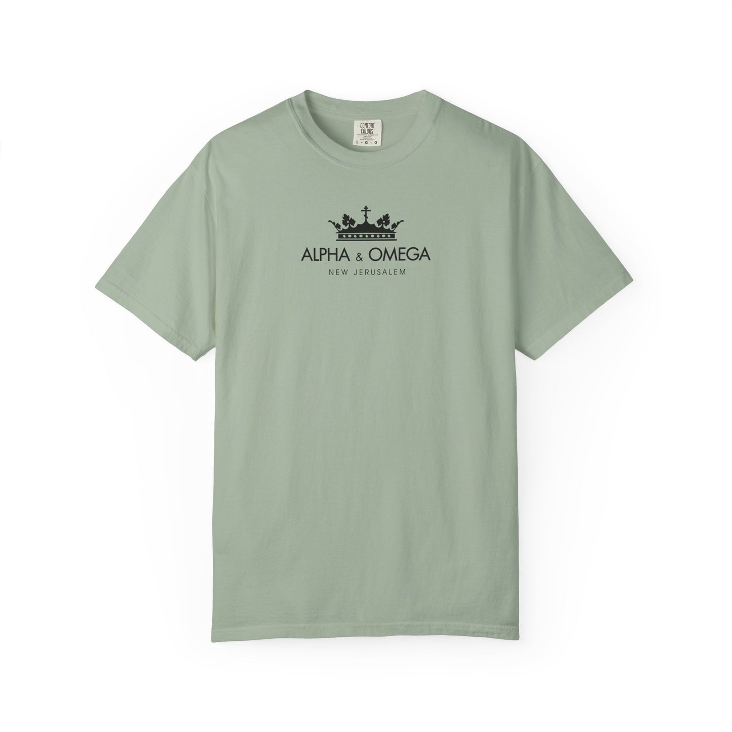 Bay-colored heavyweight cotton unisex T-shirt featuring a black Orthodox crown and cross with Alpha & Omega New Jerusalem lettering on the front—rich in mystical symbolism and inspired by themes of Revelation and the Second Coming.