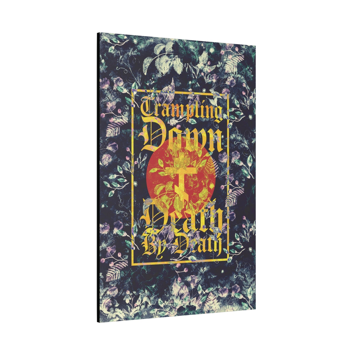 Trampling Down Death By Death | Paschal Floral Design with Gothic Script and Three-Bar Cross | Orthodox Christian Canvas Art