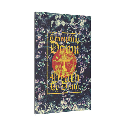 Trampling Down Death By Death | Paschal Floral Design with Gothic Script and Three-Bar Cross | Orthodox Christian Canvas Art