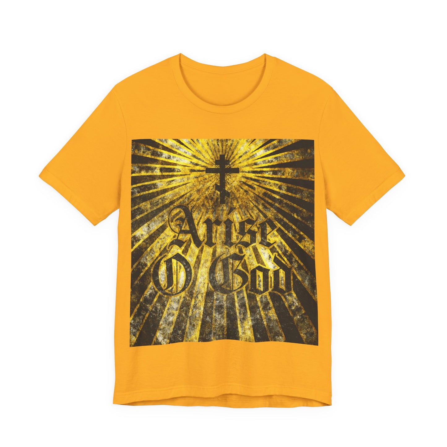 Gold "Arise O God" Orthodox Christian T-shirt with Psalm 81 (82 LXX), textured Gothic font, Orthodox cross, and golden rays—reflecting the Divine Council worldview.