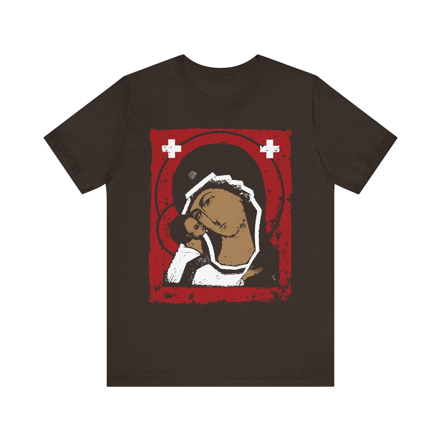 Brown lightweight cotton tee featuring a stylized icon of the Mother of God with Christ in red, tan, and white tones, inspired by elements of the Igorevskaya “Tenderness” icon.