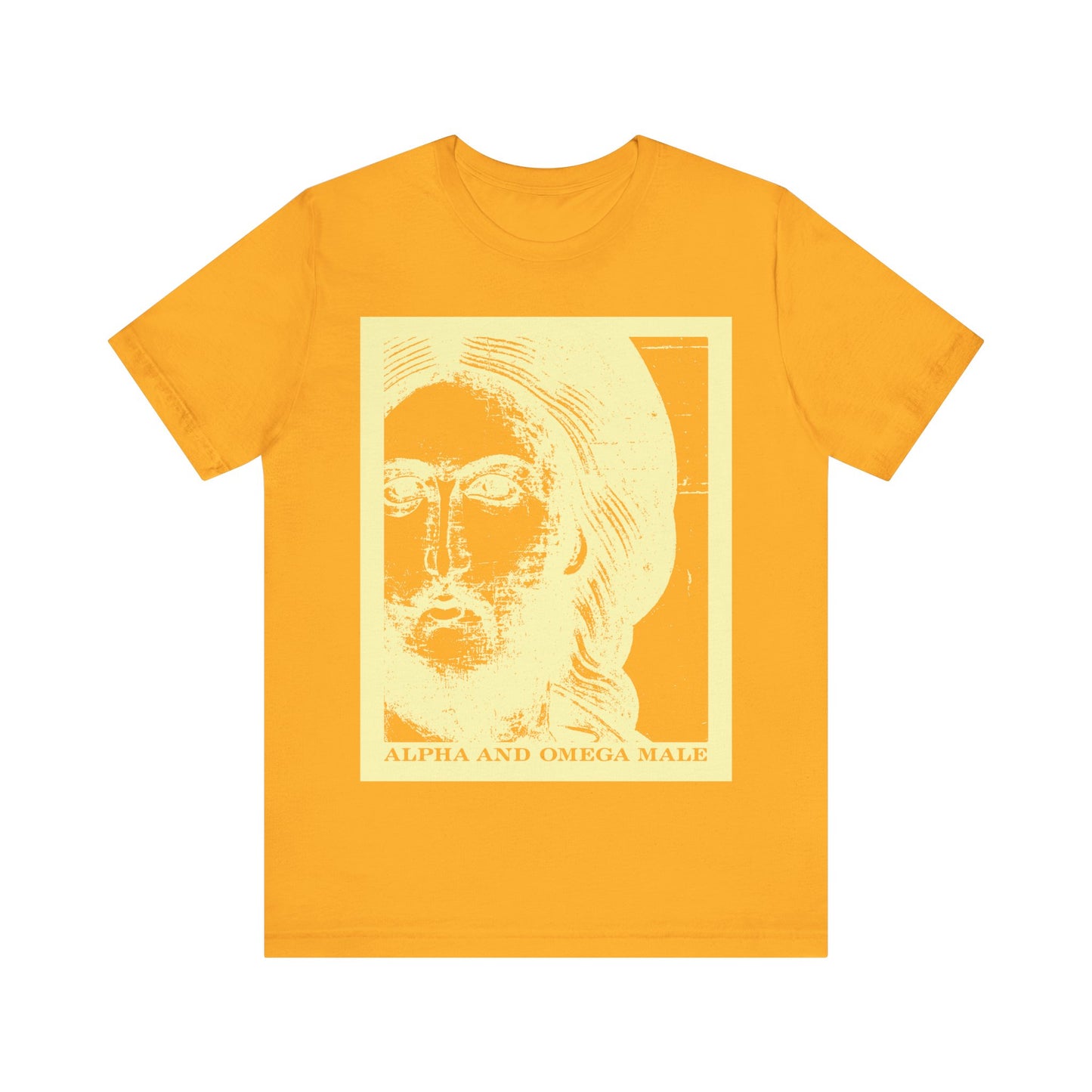 Gold unisex cotton tee featuring a photonegative Jesus Christ icon with “Alpha & Omega Male” and “I am the Beginning & the End (Rev 22),” inspired by Orthodox Christian faith and the promise of new life.