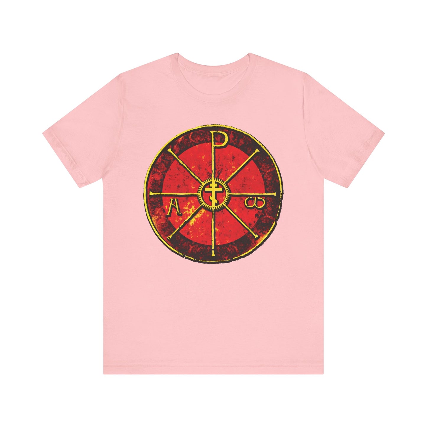 Pink Alpha & Omega Chi Rho Orthodox Cross t-shirt featuring an ancient Christogram inspired by Saint Ambrose's Chrismon, with Greek letters and a vertical line; lightweight cotton, Christian design.