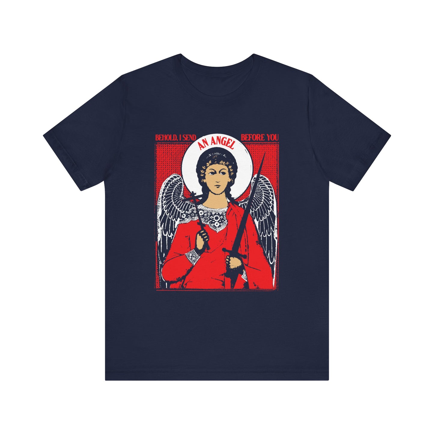 Navy unisex cotton tee featuring a red and white Orthodox angel with cross & sword graphic and the text “Behold I Send an Angel Before You” (Ex 23:20), inspired by guardian angel protection.