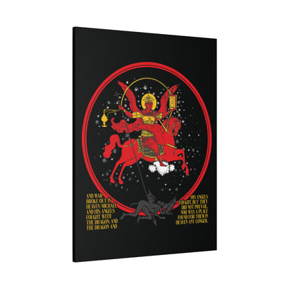 The "Archangel Michael of the Apocalypse Icono-Graphic" Christian canvas art shows Michael in armor defeating a dragon amid a red circle, with gold text on black—depicting the War in Heaven (Rev 12:7-9), Satan cast out.