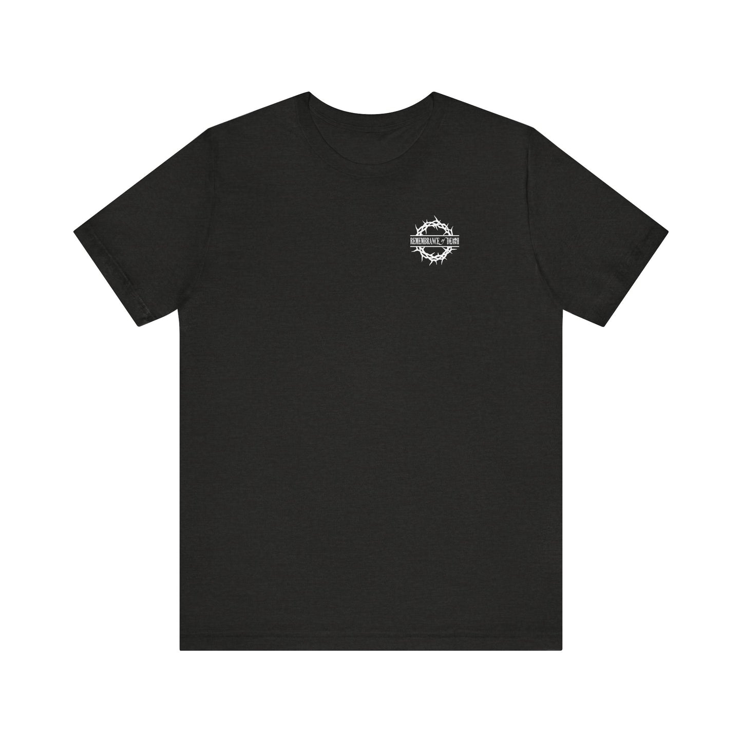 Black Heather unisex tee with a branded front and a white Christian goth flower cross & skull graphic, "Dead to this World," inspired by the Ladder of Divine Ascent. Lightweight cotton, 2-sided print.