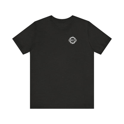 Black Heather unisex tee with a branded front and a white Christian goth flower cross & skull graphic, "Dead to this World," inspired by the Ladder of Divine Ascent. Lightweight cotton, 2-sided print.