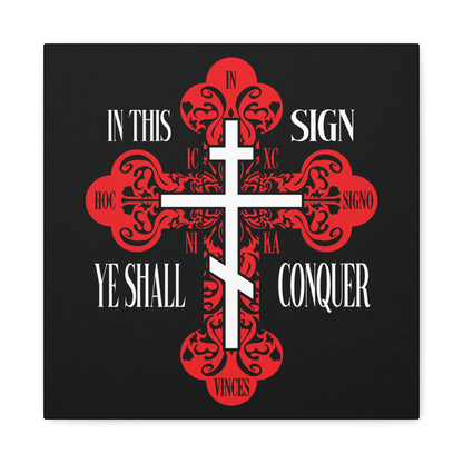 The "In This Sign Ye Shall Conquer | In Hoc Signo Vinces | ICXC NIKA" Red Ornate Orthodox Cross features a white overlay and the phrase: In this sign ye shall conquer—symbolizing Spiritual Warfare and Christian faith.