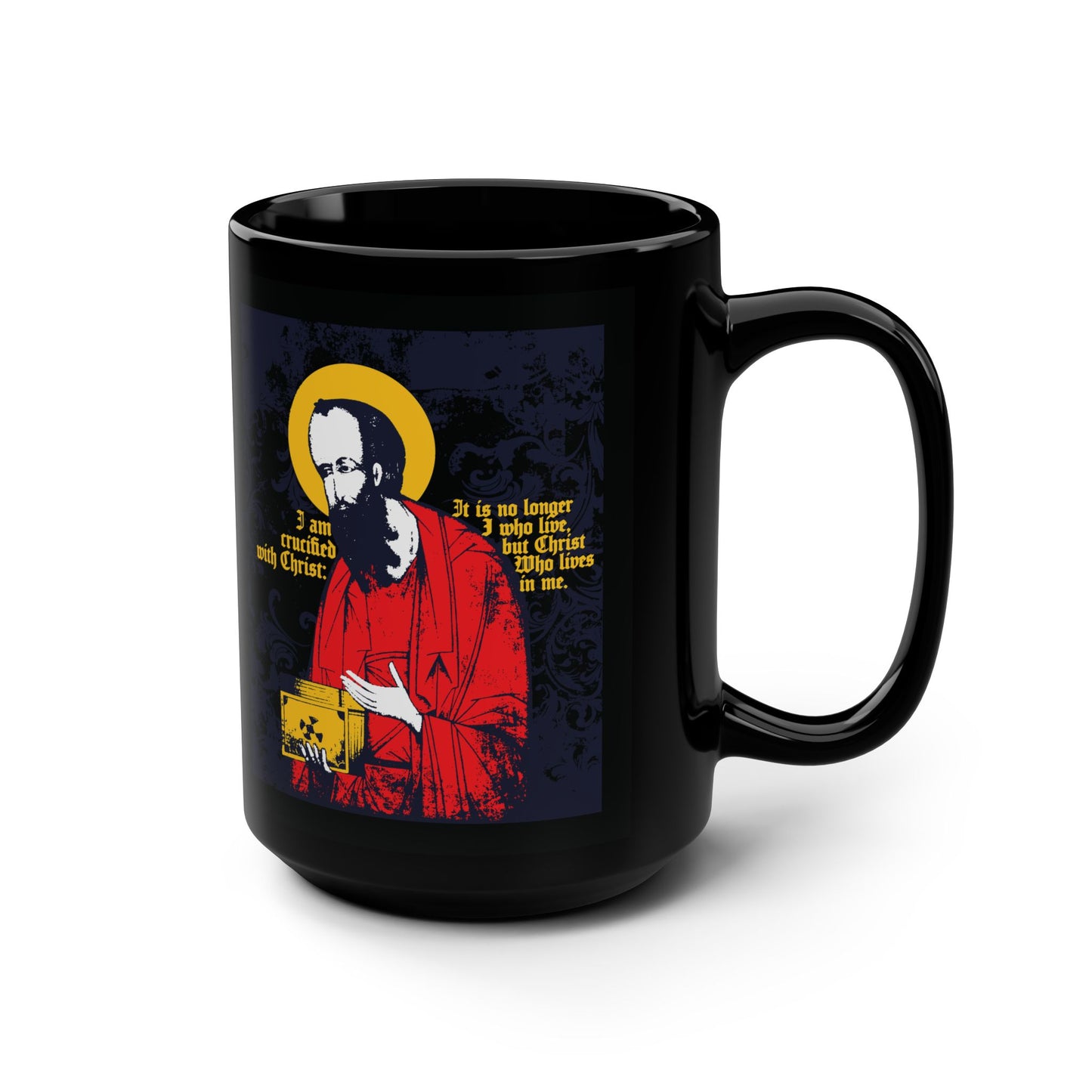 St Paul Holding Gospel Iconographic | I am crucified with Christ (Galatians 2:20) | Orthodox Christian Black Mug