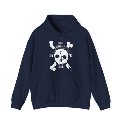 The “Die Before You Die” hoodie features a retro skull & crossbones, Orthodox cross, laurel wreath, and the phrase DIE and BLOU DIE, inspired by Matthew 16:24-25—embracing memento mori and ascetic Christian living.