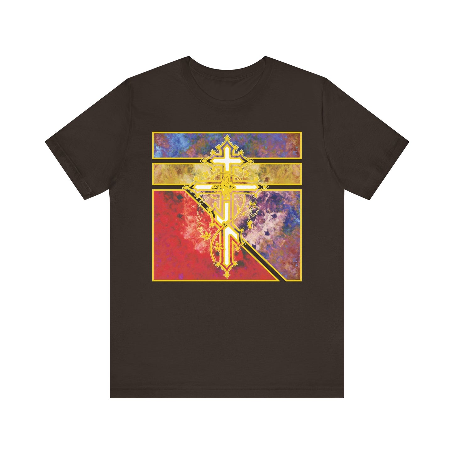 Brown t-shirt with an ornate Orthodox cross, vine detailing, and a textured geometric pattern on the front. Lightweight cotton, unisex fit; inspired by traditional Christian designs.