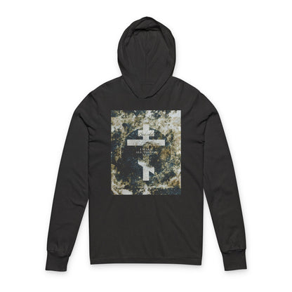 Behold, I Make All Things New | Revelation 21:5 | Cosmic Textured Orthodox Cross | Parousia | Orthodox Long Sleeve Hooded Shirt