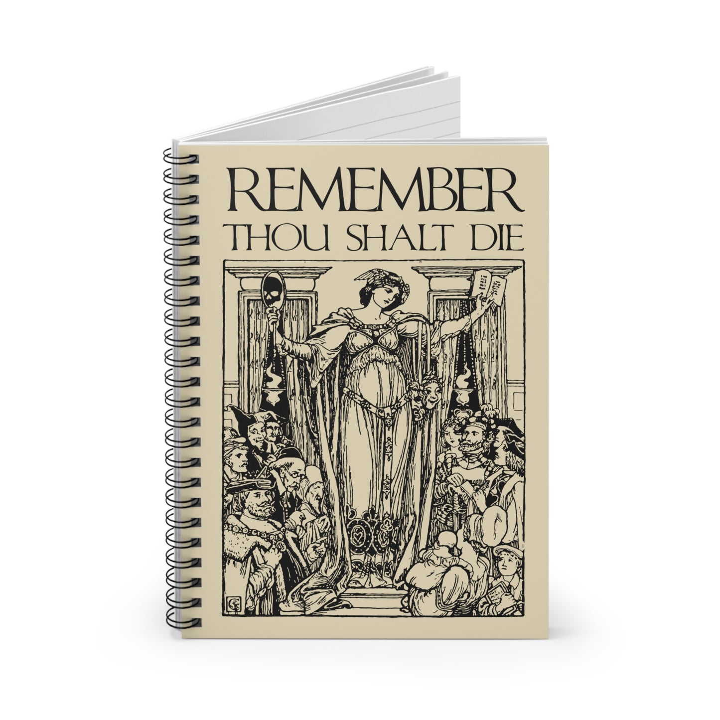The "Remember You Will Die" spiral notebook features a classic woodcut illustration and Shakespearean design in a memento mori, Orthodox Christian aesthetic, perfect for thoughtful reflection on life's impermanence.